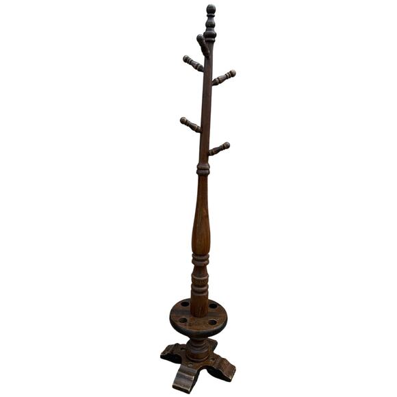VTG Wooden Standing Coat Rack Hall Tree Floor Stand Umbrella Holder Spindle - Picture 1 of 6